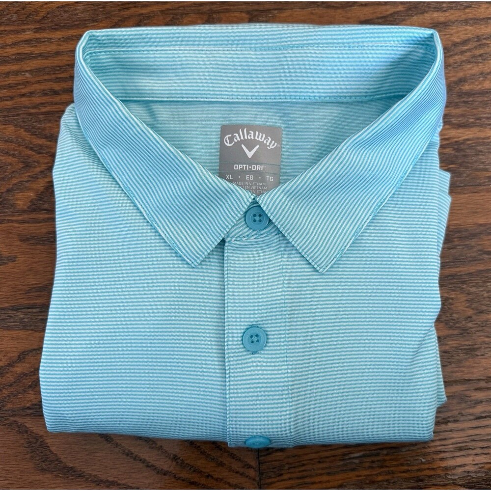 Callaway Polo Shirt Mens XL Blue White Striped Stretch Opti-Dri Golf Performance